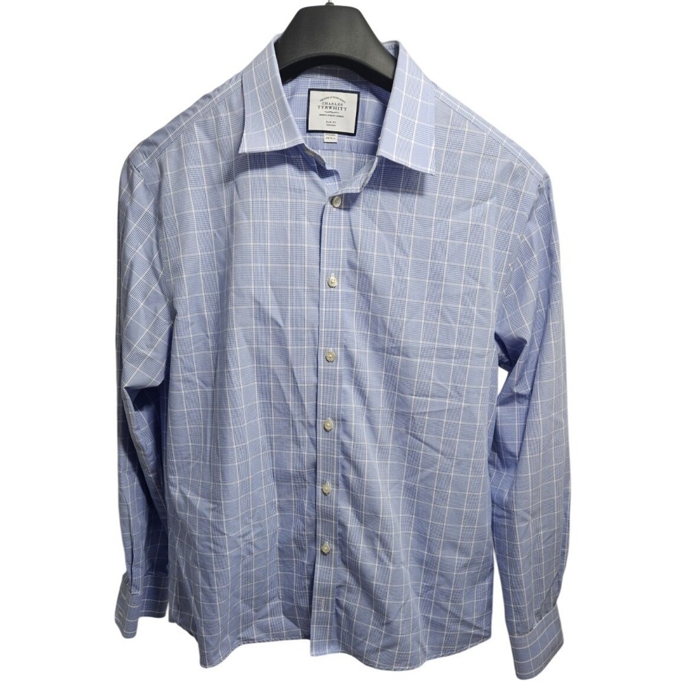 Charles Tyrwhitt Mens‎ Slim Fit Non Iron Blue Gingham Dress Shirt 17.5 36 *